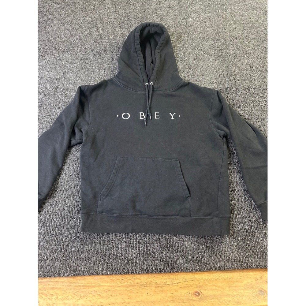 Obey Worldwide Mens Large Black Logo Graphic Pullover Fleece Hoodie Sweatshirt